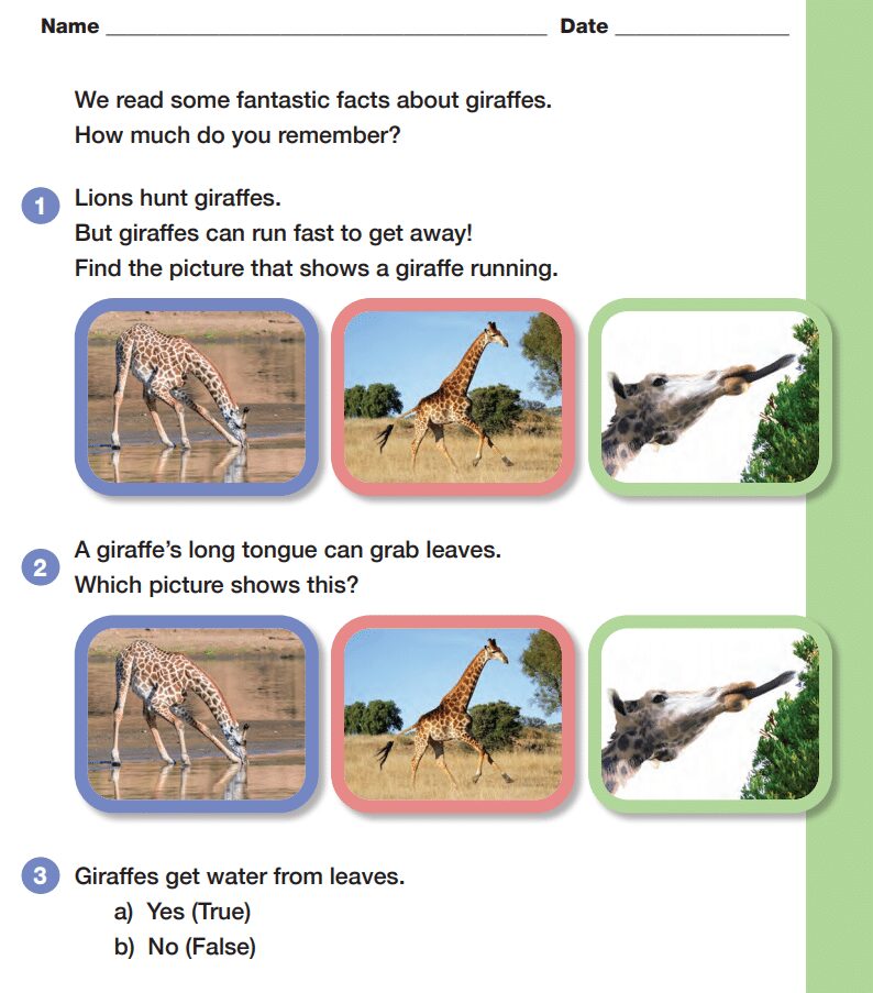 Jane-Goodall-animal-traits-exercise - Building Wings Lesson page from Readtopia thematic Unit - Bodies that Work about giraffes, with a matching activity
