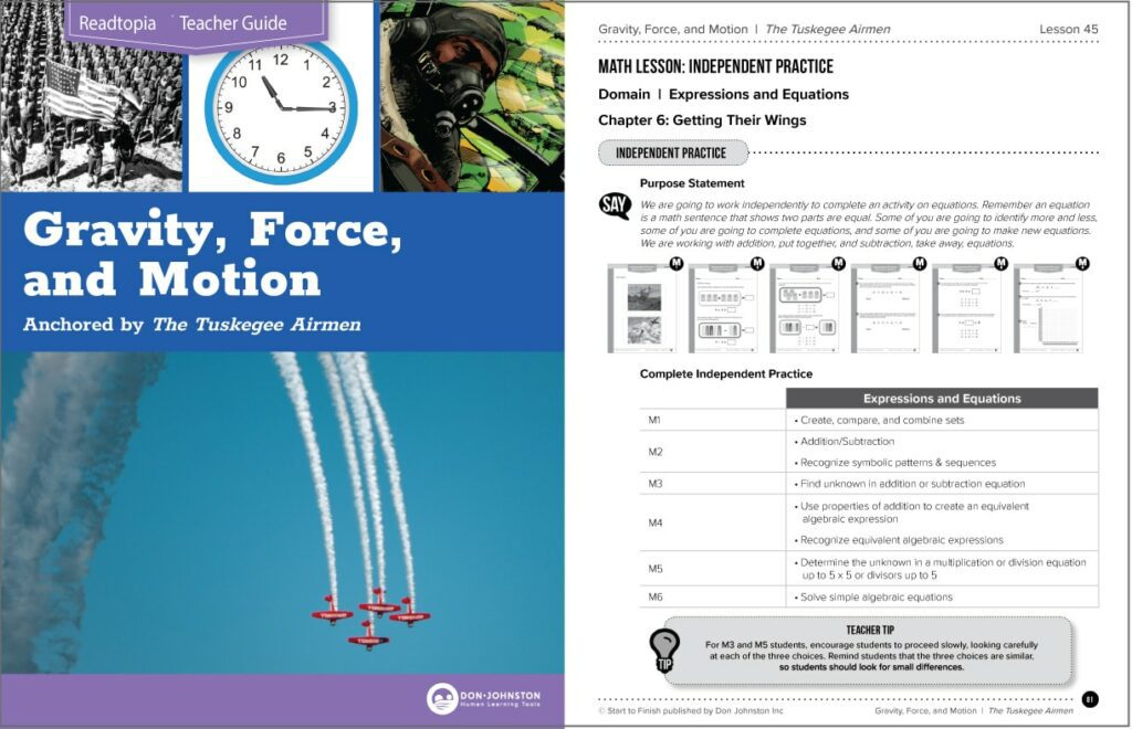 Cover of Readtopia Teacher Guide "Gravity, Force, and Motion Anchored by The Tuskegee Airmen"