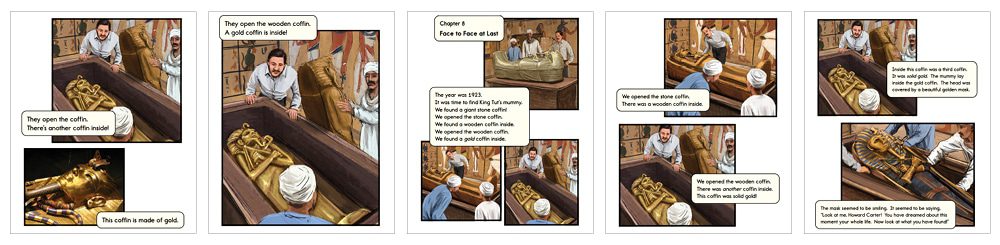 Article-Image-2 - Building Wings Five pages from Readtopia Mysteries and Mummies anchored by King Tut graphic novel.