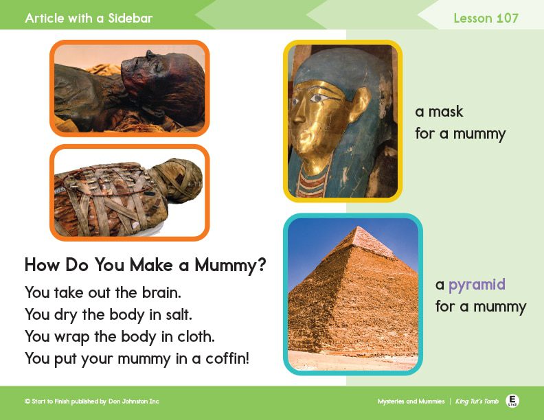 king_tut_article_lesson_e_levels_1-2 - Building Wings Page from Readtopia thematic unit Mysteries and Mummies, depicting an article about King Tut.
