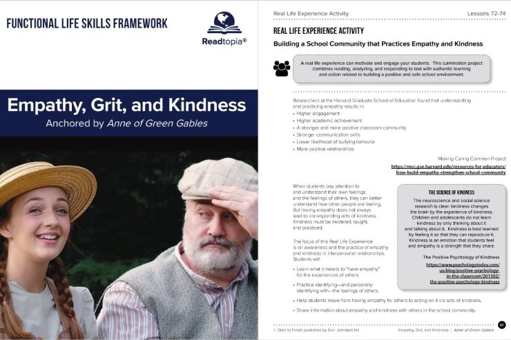 Readtopia Functional Life Skills Framework Lesson in "Empathy, Grit, and Kindness Anchored by Anne of Green Gables" with Real Life Experience Activity.