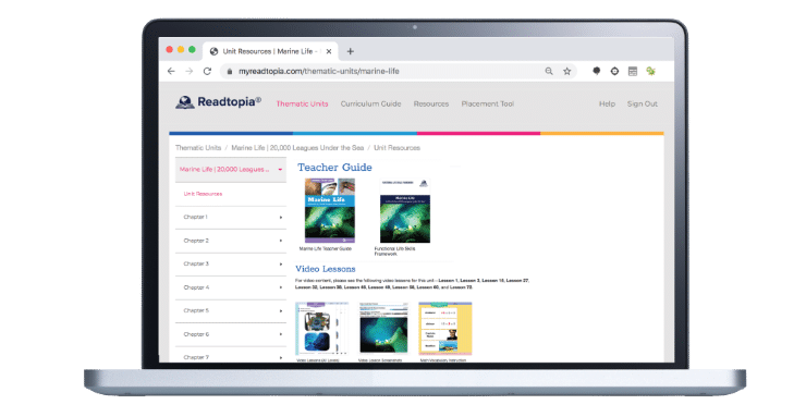Open laptop with Readtopia Thematic Units website open to Marine Life Teacher Guide page.