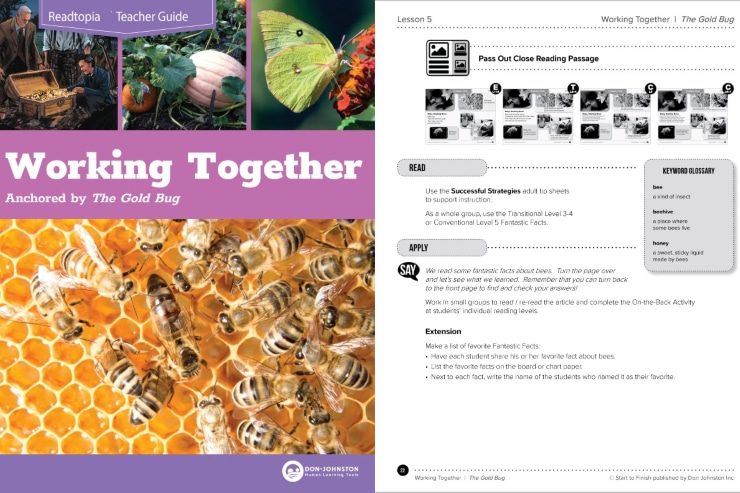 Cover of Readtopia Teacher Guide "Working Together Anchored by The Gold Bug" with page of lesson 5.