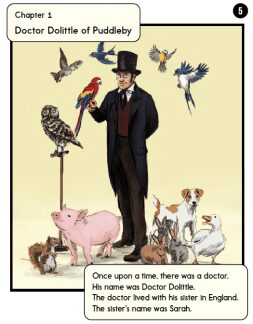 Dr-Dolittle-level-1-253x324 - Building Wings A page of a book with a cartoon Dr. Dolittle holding a parrot with other animals around him. Text reads: "Chapter 1 Doctor Dolittle of Puddleby. Once upon a time, there was a doctor. His name was Doctor Dolittle. The doctor lived with his sister in England. The sister's name was Sarah."