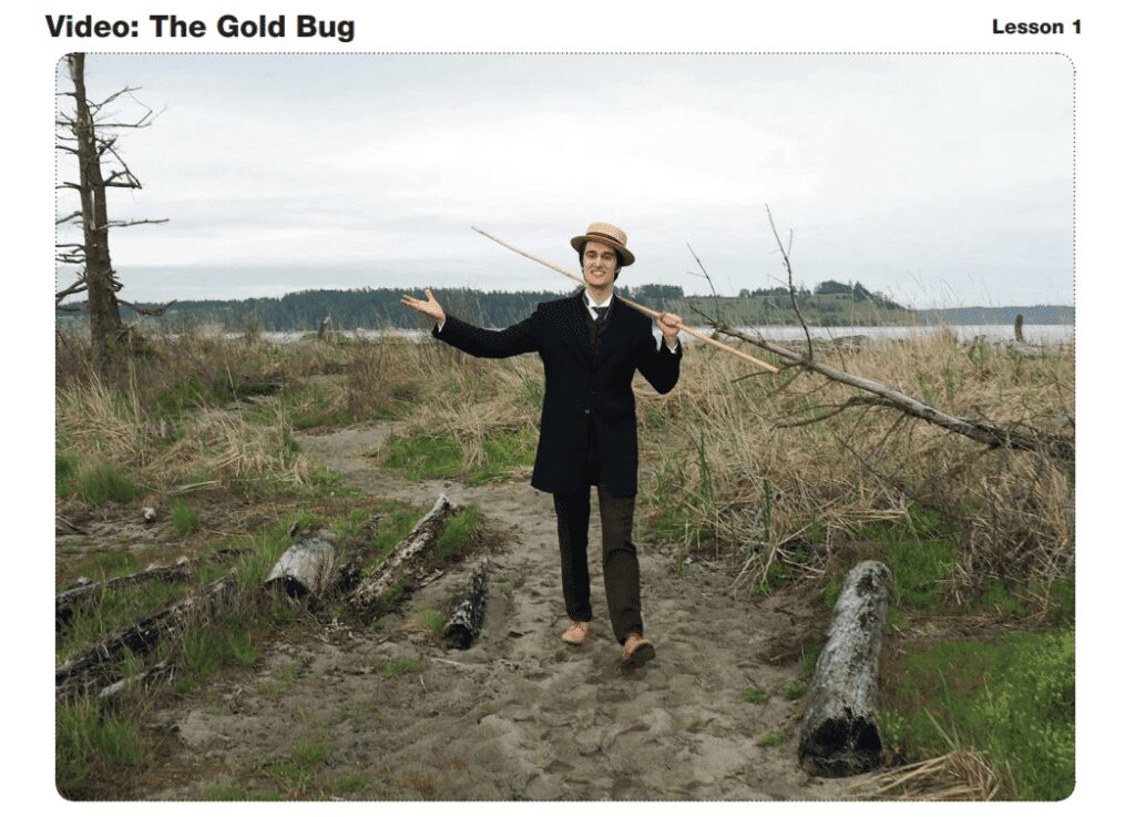 Screenshot from video lesson about William E. Carter, depicting William walking outdoors holding a walking stick.