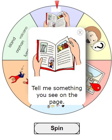 Tell-Me-Something - Building Wings A multi colored circular prize wheel with different readings image in each section of the wheel, with a white page over the wheel. On the page is someone one flipping the page of a book and text that reads: "Tell me something you see on the page."