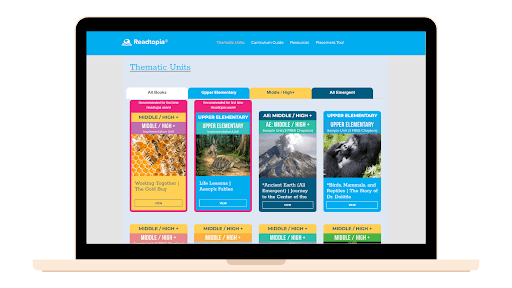 laptop showing the home page of readtopia, a program to help young learners with autism.