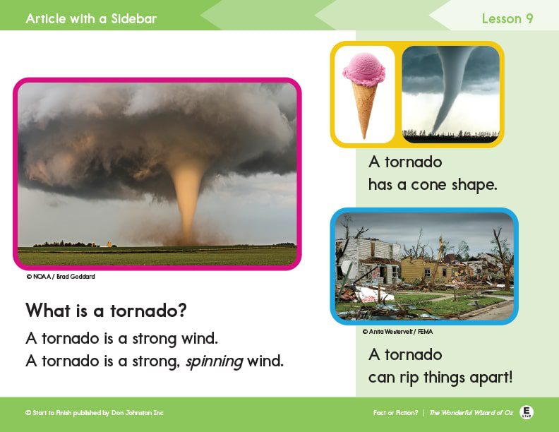 fact_or_fiction_article_lesson_e_1-2 - Building Wings Page from Readtopia Lesson about Tornados featuring images of tornados with text text that reads: What is a tornado? A tornado is a strong wind. A tornado is a strong, spinning wind. A tornado has a cone shape. A tornado can rip things apart!"