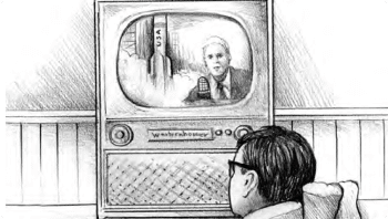 Black and white animated image of a child watching a NASA launch on television.