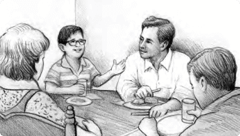 Black and white animated image of a Father, Mother, and 2 children eating dinner at the table.