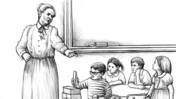 Black and white animated image of a teaching with students in a classroom.