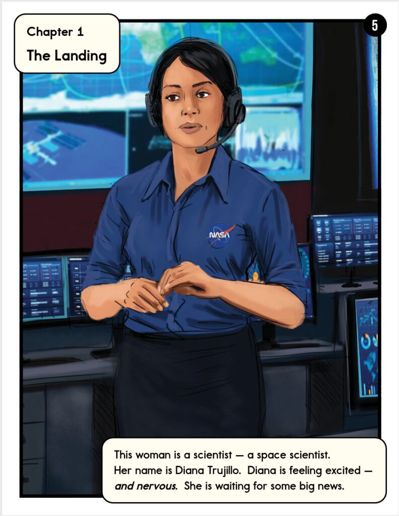 image3-min - Building Wings Animated image of Diana Trujillo with text overlay that reads, "This woman is a scientist - a space scientist. Her name is Diana Trujillo. Diana is feeling excited - and nervous. She sis waiting for some big news.