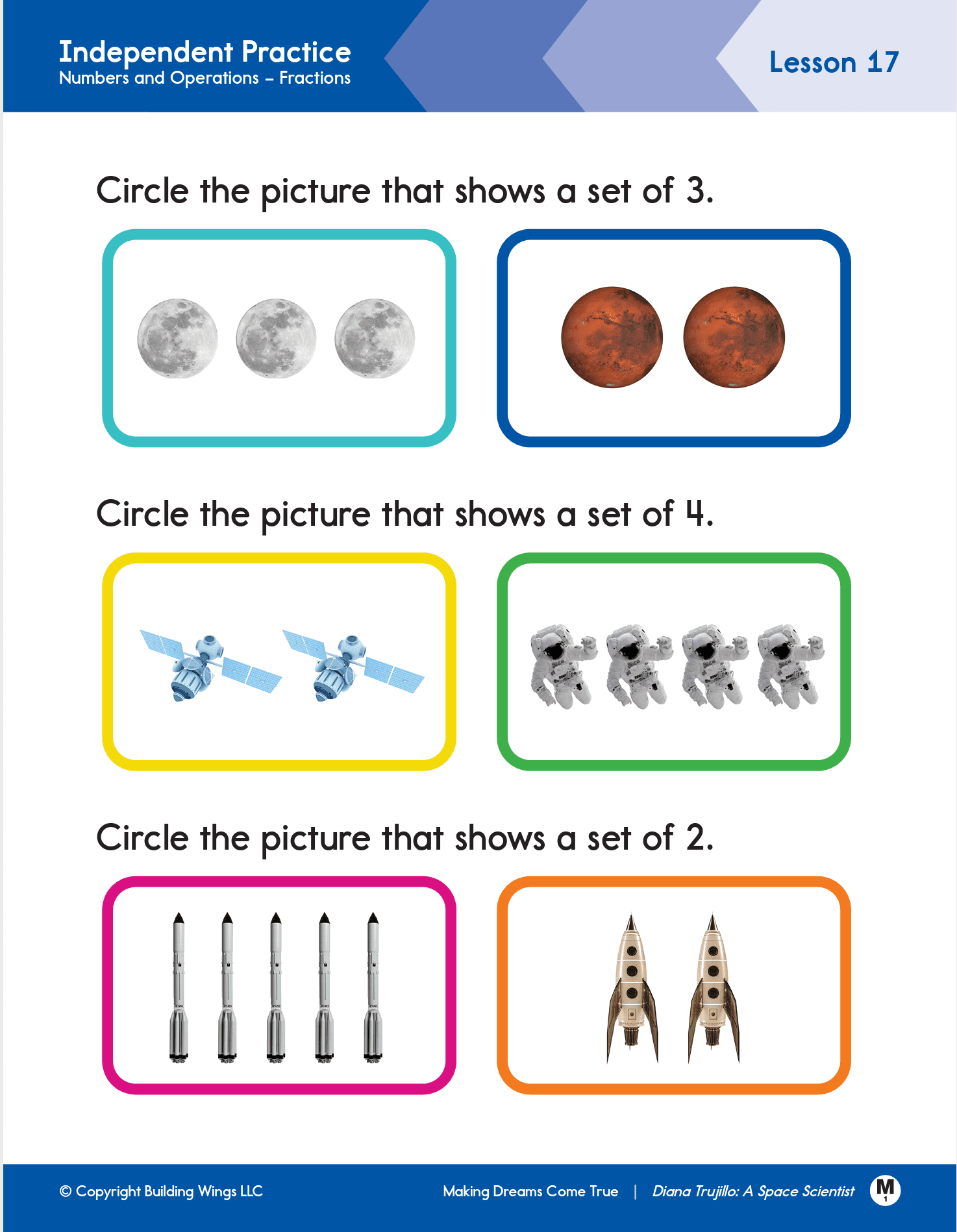 Readtopia independent practice - Building Wings Screenshot of Readtopia independant practice math lesson, with pictures depicting different amounts of items to count.