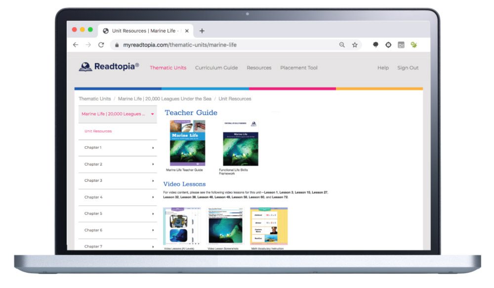 Readtopia teacher guide - Building Wings An open computer screen shows the Readtopia website open to the the Thematic Units Teacher Guide page.