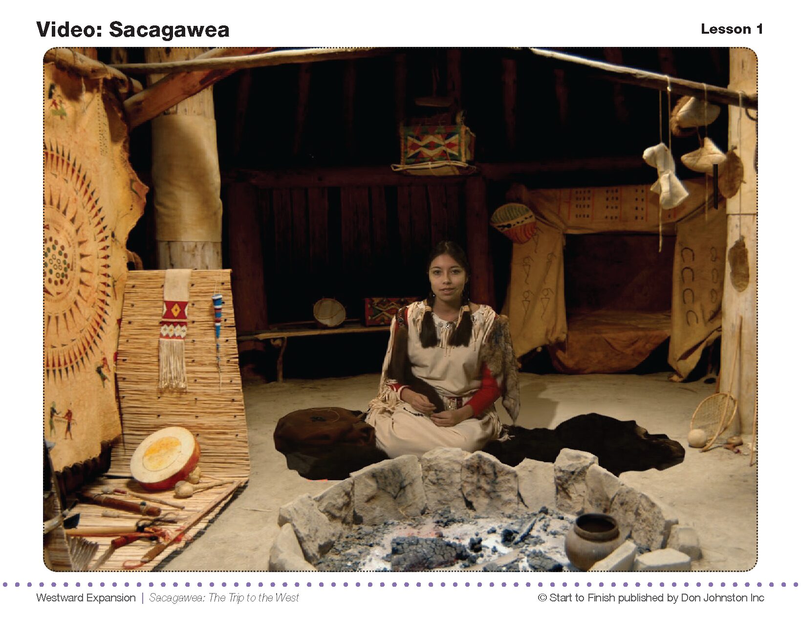 Readtopia Scagawea Lesson - Building Wings Actor portraying Sacagawea in her hut.