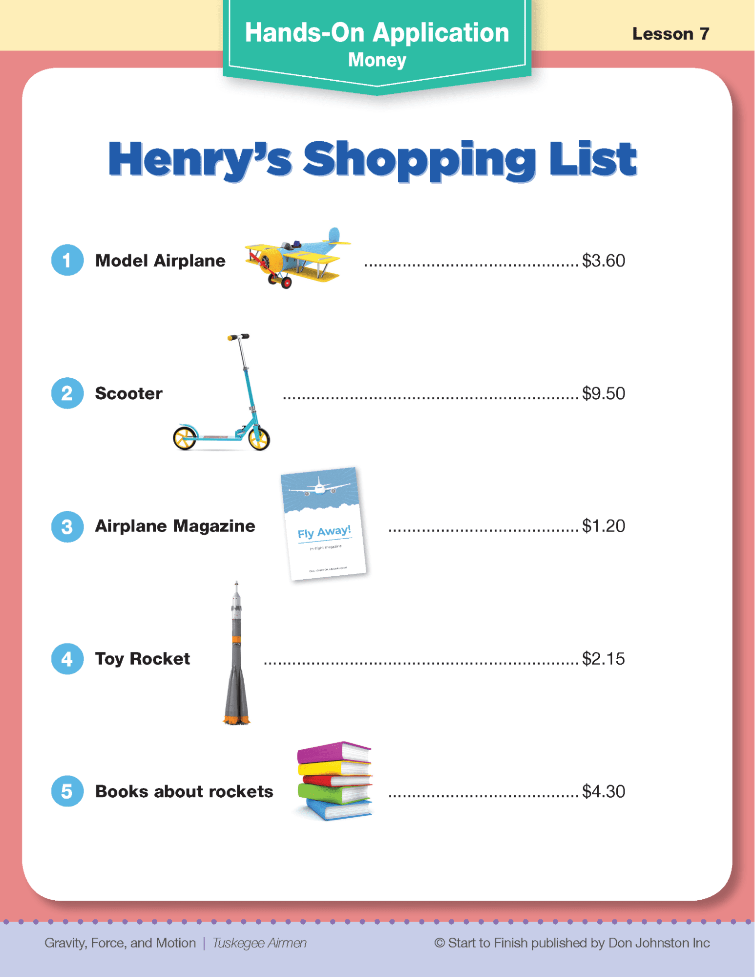 Readtopia Hands-On Application. - Building Wings A page of a Readtopia math lesson with text overlay: Text reads, "Hands on Application: Money. Henry's shopping list."