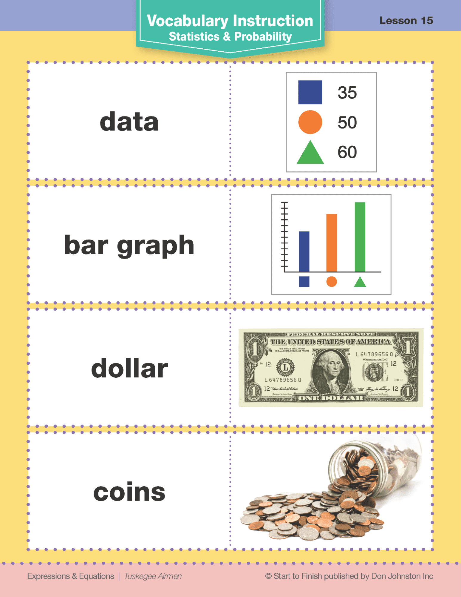 Readtopia Vocabulary Unit - Building Wings A page of a Readtopia Vocabulary worksheet with text at the top of the page that reads, "Vocabulary Instruction: Statistics and Probability"