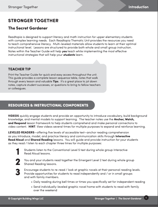 Readtopia - My Secret Gardener -Teacher Guide Introduction Page - Building Wings