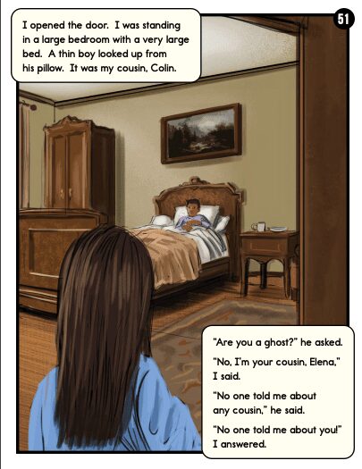 Readtopia - My Secret Gardener - page 51 from Level 5 Graphic Novel - Building Wings Page 51 from level 5 of the graphic novel, The Secret Gardener showing a young boy in bed looking toward a women coming through his bedroom door.