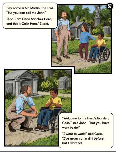 Readtopia - My Secret Gardener - page 57 from Level 5 Graphic Novel - Building Wings Page 57 from level 5 of the graphic novel, The Secret Gardener with two images. One a young boy in a wheelchair looking toward a man with a woman by his side and another image with a boy in a wheelchair looking toward a man who is kneeling down beside him.