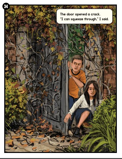 Readtopia The Secret Gardener pag 34 of Level 5 Graphic Novel - Building Wings An illustration from page 34 of level 5 of the graphic novel, The Secret Gardener with a young boy an girl peaking from behind a partially opened door into a garden.