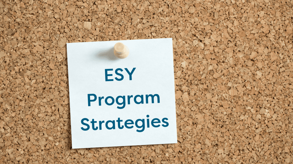 ESY Program Strategies - Building Wings Cork board with a white sticky note affixed with a wooden push pin and text" ESY Program Strategies