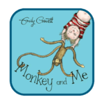 Monkey and Me Book Cover - Building Wings An aqua background with an illustration of a young person searing a striped shirt hanging upside down while holding onto a monkey with the title of the book, Monkey and Me by Emily Gravett.
