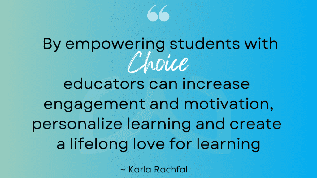 Quote - Student Choice - Building Wings Aqua background with a quote about empowering students with choice.
