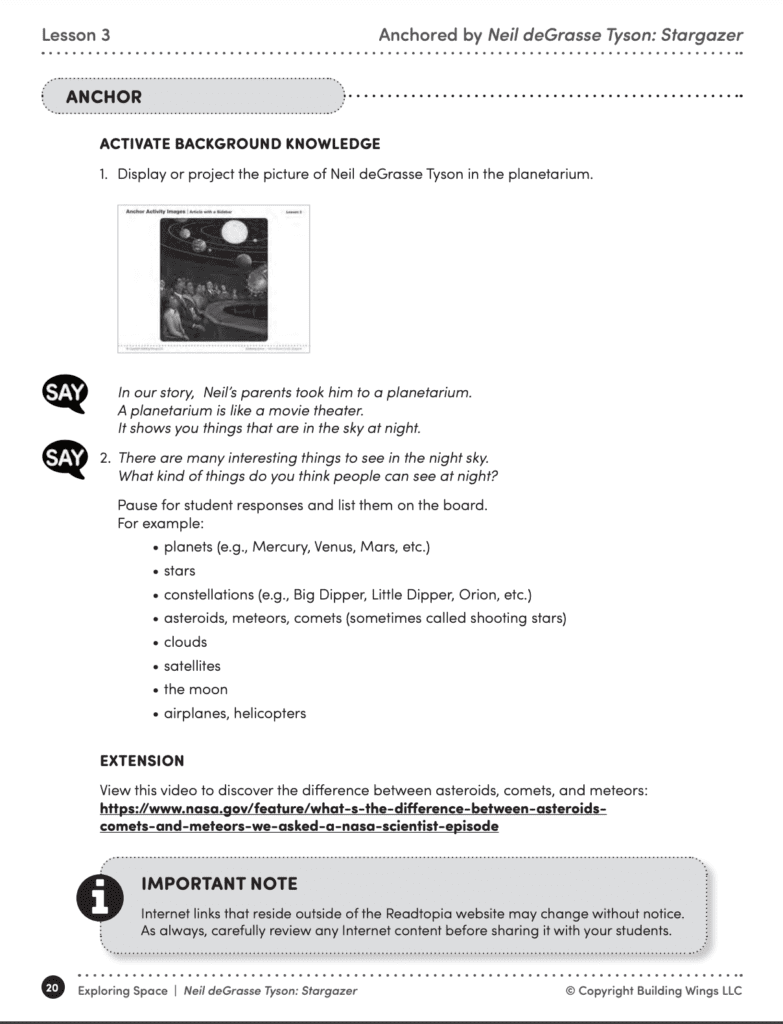 Sample portion of Anchor Read Apply from the Readtopia unit Exploring Space anchored in the story of Neil deGrasse Tyson - Building Wings Sample page from the Readtopia Teacher Guide for the Exploring Space unit showing teacher supports during anchor, read, apply lessons.