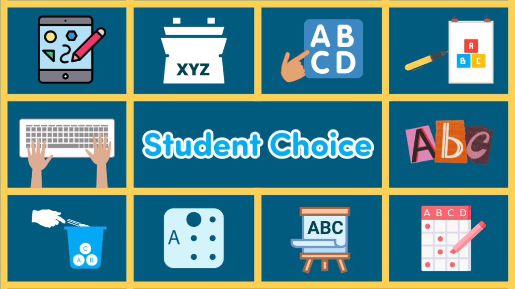 Opportunities for Student Choice for Students Receiving Special Education Services - Building Wings A blue background with yellow grids separating illustrations of alternative pencils with a center title: Student Choice