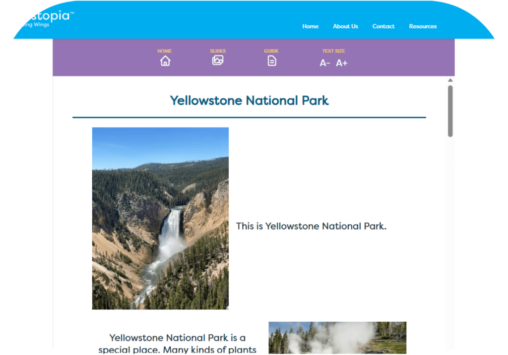 A screenshot from Newstopia with images of Yellowstone National Park