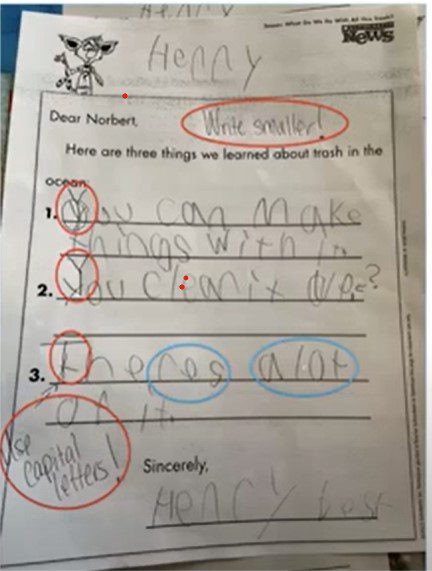 MicrosoftTeams-image 2 - Building Wings photograph of writing worksheet with student errors circled in red.