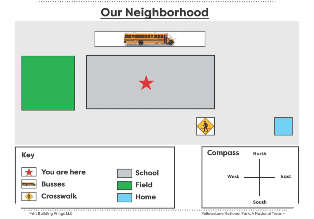 An examples of the real-world application instructional materials within Newstopia - a diagram of a neighborhood, a key and a compass
