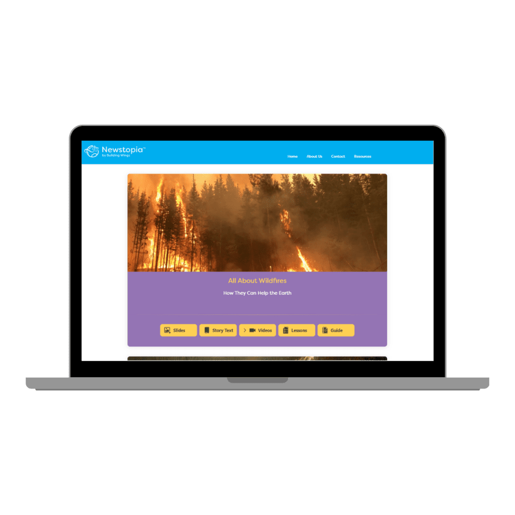 Illustration of a laptop with a screenshot of an article on wildfires from the MyNewstopia.com website