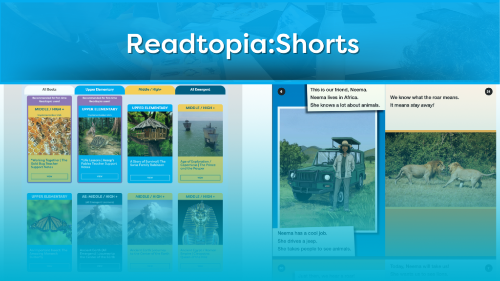Readtopia: Shorts - Building Wings Two faded images of instructional materials from the Readtopia library for special educators including thumbnail images of Readtopia book covers and a sample page of a Readtopia:Short graphic novel