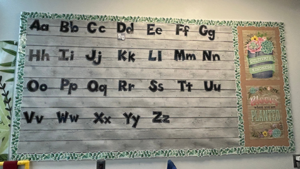 Word Wall Bulletin Board Idea - Building Wings Word Wall Bulletin Board with letters of the alphabet and word "day" listed under the letter D.