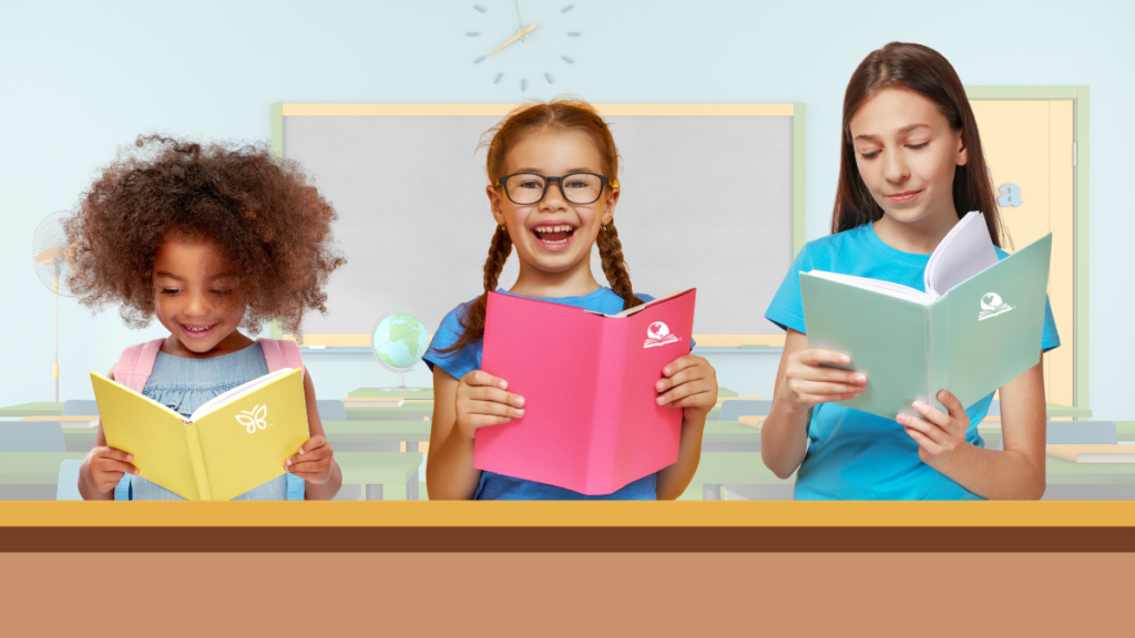 Building Wings Literacy InstructionR eading Progression - Building Wings An age progression of three female students participating in literacy instruction all reading books ranging from a young learner on the left to a a high school_+ learner on the right