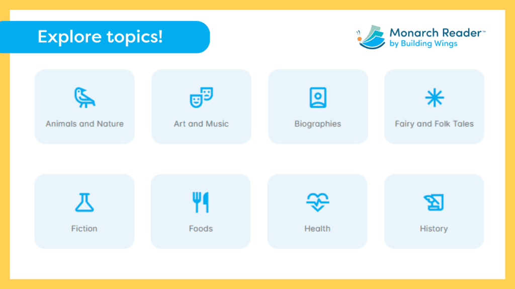 Explore topics for Accessible Books in Monarch Reader - Building Wings Screenshot of Monarch Reader Website with Topics of Books to explore