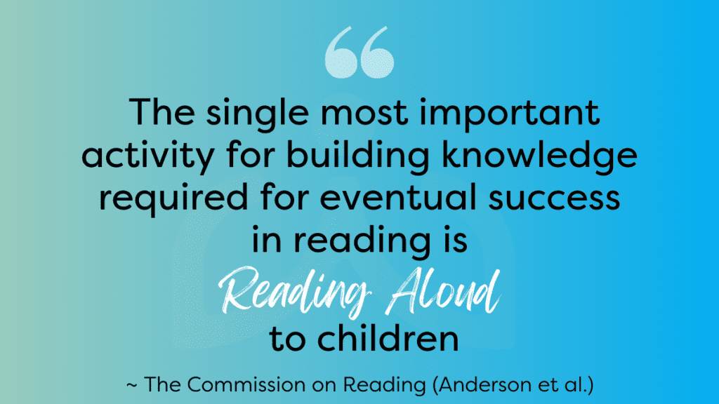 Commission on Reading Quote - The single most iportant activity for building knowledge required - Building Wings Quote on an aqua background: Both read-alouds and shared reading have the same goal: to engage listeners, cultivate an enjoyment of reading, demonstrate the connection between language and print, and build literacy skills.