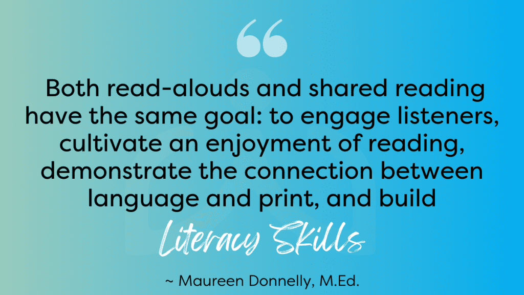 Goals of Read Alouds and Shared Reqding Quote - Building Wings Aqua background with text:Both read-alouds and shared reading have the same goal: to engage listeners, cultivate an enjoyment of reading, demonstrate the connection between language and print, and build literacy skills