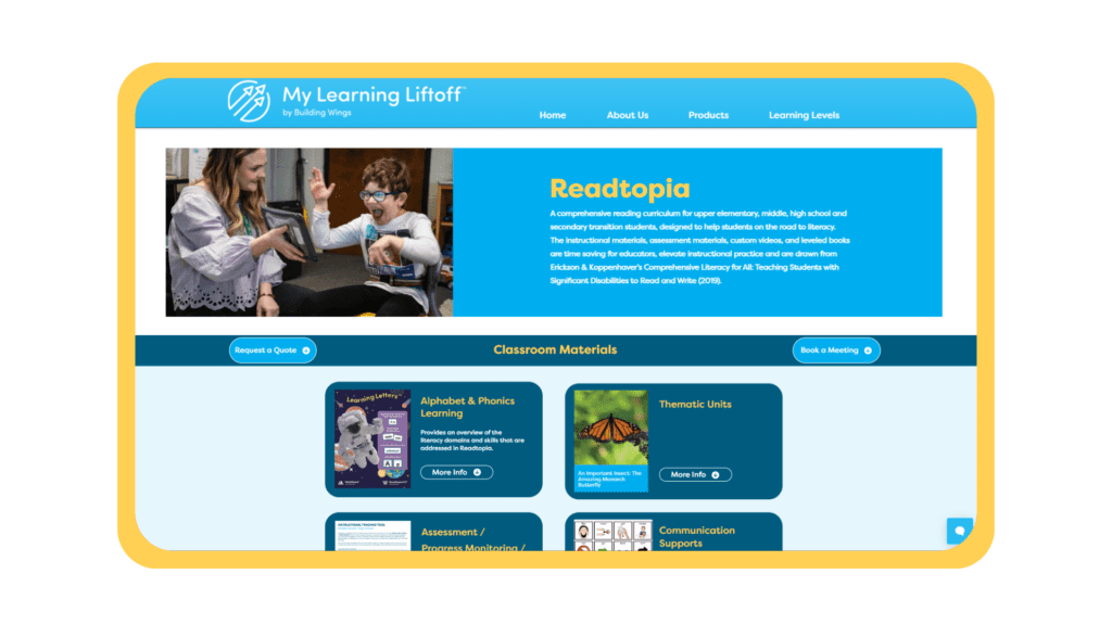 Readtopia - Online Comprehensive Literacy Curriculum - Building Wings - Building Wings Screenshot of the Readtopia page on My Learning Liftoff showing an educator working with a young learner and sample classroom materials includng Alphabet & Phonics Learning and Thematic Units.