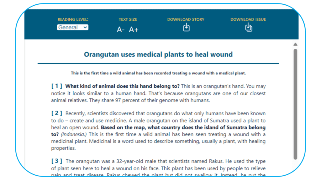 Screenshot of a sample of differentiated text in News Currents.