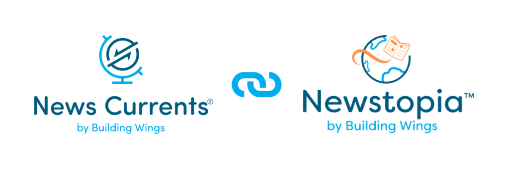 The News Currents logo and the Newstopia logo with an interlocking chain in between showing the inclusive education offered with unified resources within News Currents.