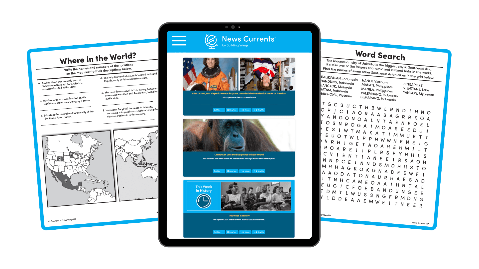 News Currents - Instructional materials to build background knowledge - Building Wings - Building Wings News Currents sample instructional materials including features stories, where in the world and a word jumble.