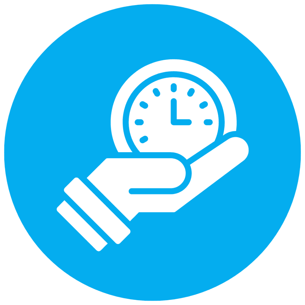 Blue icon with an illustration of a hand holding a clock depicting educator efficiency.