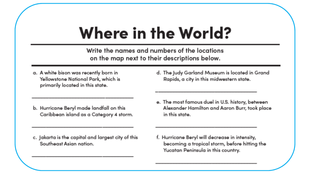 Screenshot of Where in the World feature in News Currents that enables learners to demonstrate knowledge after current events instruction.