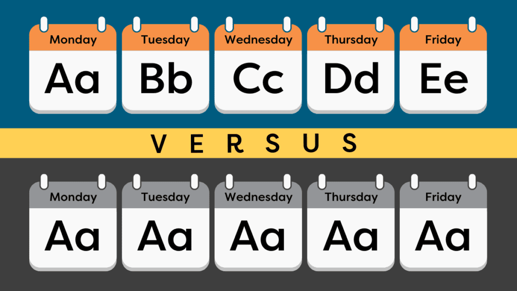 _Teaching Letter of the Day vs Letter of the week 2 - Building Wings Two calendars with one showing a different letter laught each day vs another calendar with the same letter being taught for the whole week
