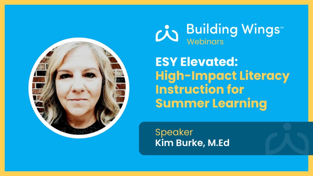 Woman smiling with blonde hair. Blue background with webinar title: Extended School Year Elevated