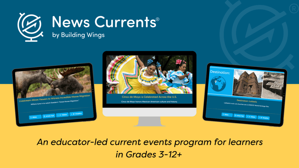 Image Labeled News Currents by Building Wings, One Screen With Mooses, One Screen With Dancers, One Screen With Ancient Buildings.