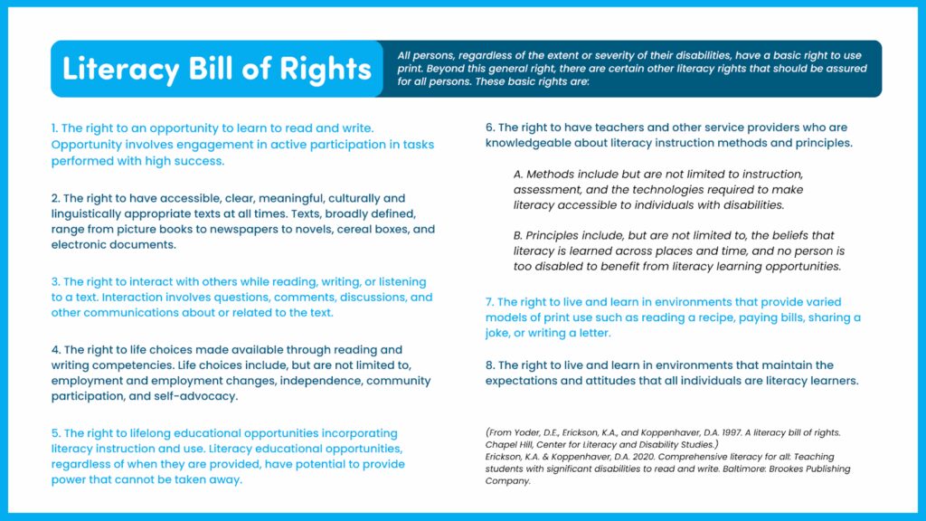 Image of the Comprehensive Literacy for All Bill of Rights, which details hat every learner is entitled to in their education.